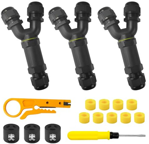 JCRWXP 3 Stück wasserdichte Kabelverbinder, 3-polig, Y-Form, IP68 | 3 wasserdichte 3-polige Kabelverbinder in Y-Form, IP68; mit Silikondichtungen, Abisolierzange und Schraubendreher.