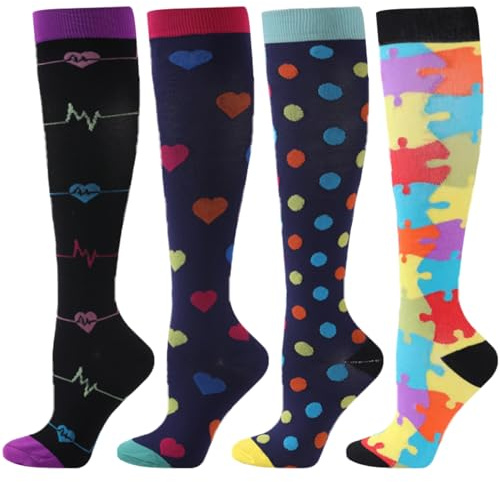 BONANGEL Kompressionsstrümpfe Damen Herren Bunte Kompressionssocken | Stützstrümpfe Flugsocken für Sport, Flug, Laufen, Reisen, Radsport, krankenschwester 4 Paar