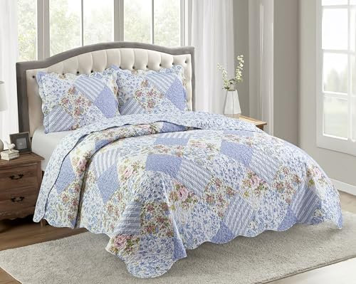 Brilliant Sunshine Blue Rose Patchwork, 3-teiliges Steppdecken-Set mit 2 Kissenbezügen, wendbare Tagesdecke, weiche, leichte Decke, für alle Jahreszeiten, Full/Queen, Blaue Rose