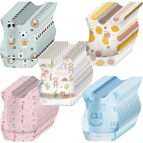 KAMHBE Disposable Bibs 50 Pcs Baby Bibs Waterproof Travel Feeding Bibs with Food Catcher Pocket Portable for Boys Girls Home Outdoor Use Individual Packaged
