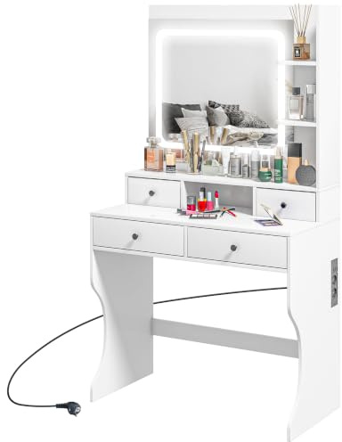 HOMCOM Toeletta Trucco con Luci LED e Specchio Prese USB 90x45x160cm Bianco | 3 Tonalità, Postazione Trucco, 4 Cassetti e Mensole