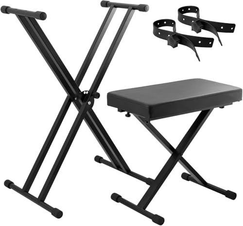 ROCKSTAR - Soporte Doble Marco de Teclado y Taburete Piano Ajustable KA-K2 con Correas de Sujeción y Asiento Acolchado de 5CM. Color negro