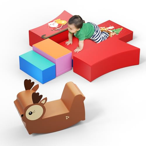 CUPCHID Kinder Schaumstoff bausteine 7 Grossbausteine Schaumstoffbausteine Bauklötze Riesenbausteine Schloss-Set,Weihnachts-Elch-Bausteine, Feiertags-Geburtstagsgeschenk (JM3238)