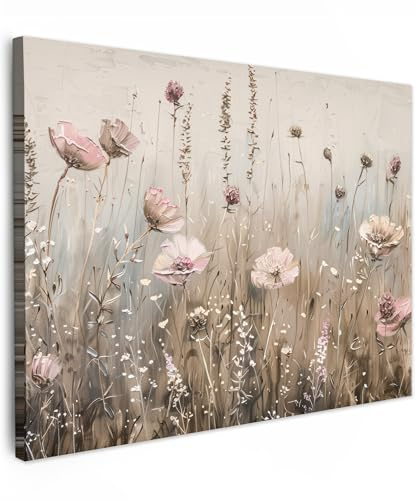 MuchoWow© Leinwand Deko Schlafzimmer Aesthetic Leinwandbilder Wohnzimmer | 40x30 cm - Gemälde Foto Geschenk Living Room Decoration Blumen - Rosa - Modern - Beige