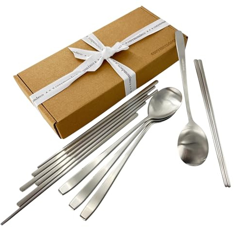 Korean Made Stainless Steel Silver Utensil Cutlery Korean Chopsticks and Spoons 4SET Stocking Stuffer Gift for Mom
