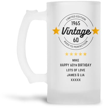 Personalised Frosted Beer Glass Tankard (0.8 Pint) Vintage 1965 60th Birthday Gift for Son|Dad|Husband|Grandad|Men|Him