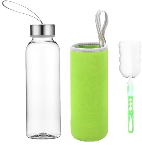 CUEMOON Botella de cristal, botella de agua clásica con bolsa de nailon, para viajes, botella de deporte, botella de cristal (verde, 750 ml)