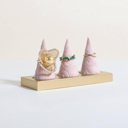 GemeShou Porta-anelli rosa in velluto, supporto a cono con base dorata, piccolo organizzatore【Porta-anelli-rosa】