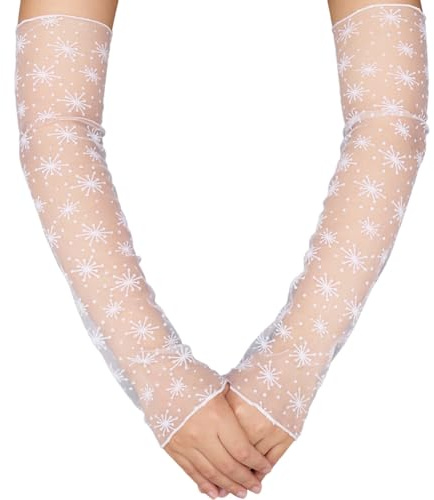 CABODYALS 2 Paar Weiße Armstulpen Aus Spitze Lange Fingerlose Transparente Handschuhe Blumentüll Durchsichtig Floral Sonnenschutz Armstulpen Ellenbogen Für Damen Party Hochzeit Kleid Performance Kostü