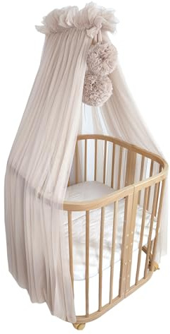 KOELL Baldachin für Kinderzimmer – Tüll Baldachin mit Pompons, Handgenäht, Bettdekoration, Oeko-Tex Material, Warmes Beige