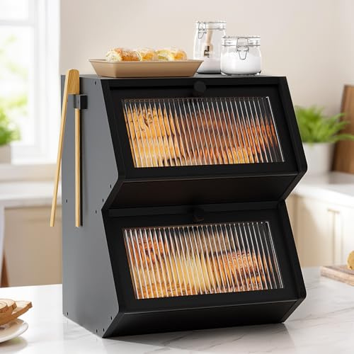 WOWLIVE Double Layer Bread Box for Kitchen Countertop, Large Bamboo Bread Storage Container for Homemade Bread, Farmhouse Bread Holder for Kitchen Counter Cabinet, Pantry, Cupboard (Black, Medium)