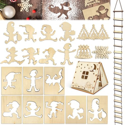 Wichtel Schablonen Weihnachten 13 Stück mit Leiter | Hochwertiges Plankenmaterial - wasserresistent & wiederverwendbar - Schneespray - Ideal für Fenster - Türen - Böden & Wände