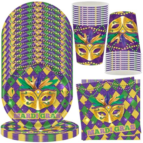 MEZHEN Vaisselle Carnaval Vaisselle de Fête Anniversaire Décorations Masque Assiettes Gobelets Serviettes Vacances Vaisselle Décorations de Fête Maquillage Mariage 20 Invités