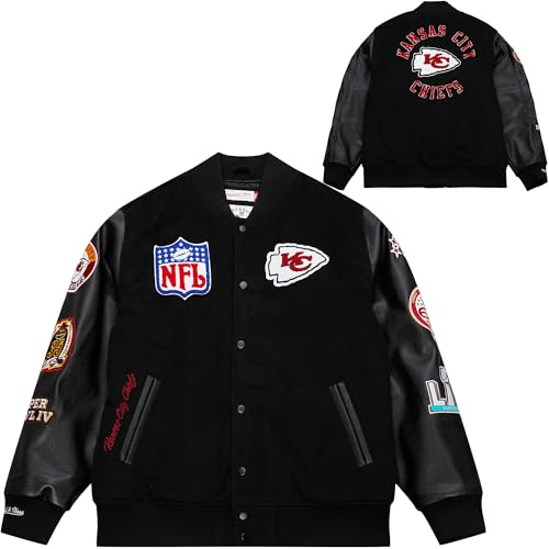 Mitchell & Ness NFL Blackout Chaqueta universitaria retro | Kansas City Chiefs | Talla XL, negra, parches y bordados AUZAVE210MSFen el pecho y las mangas, puños acanalados