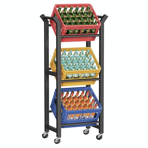 HOOBRO Getränkekistenregal für 3 Kisten, Getränkeregal mit 4 Rollen (2 Feststellbar), Kistenregal, 75 kg Belastbar pro Ablage, Metallrahmen, für Küche, Esszimmer, Wohnzimmer, Schwarz EBK206CJ01