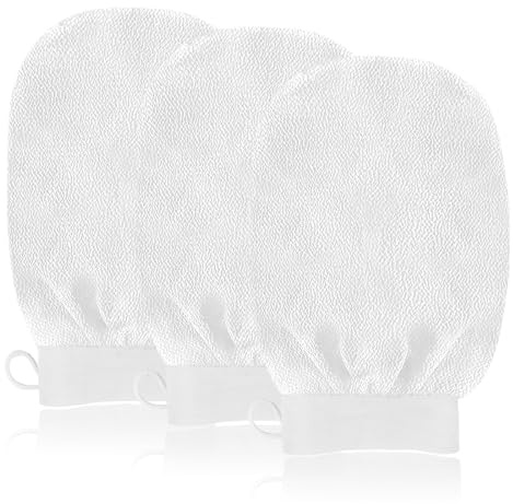 URAQT Exfolierande handskar, 3-pack kroppsskrubb handske bad spa exfolierande vantar, dubbelsidig djuprengöring exfoliering skrubbvante för död hudborttagning, djup kroppsskrubbare (vit)