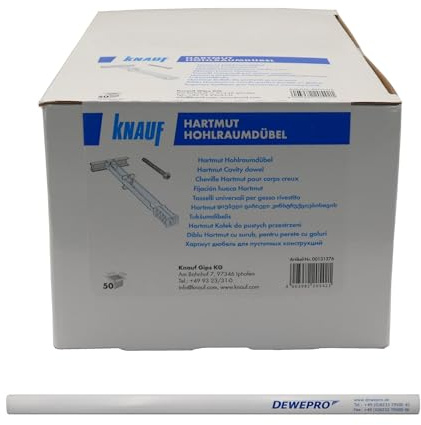 Knauf Hartmut Hohlraumdübel 50 Stück - Metall-Kunststoff Dübel mit Schraube M5x60 - für alle Beplankungsdicken inkl. DEWEPRO Zimmermannsbleistift