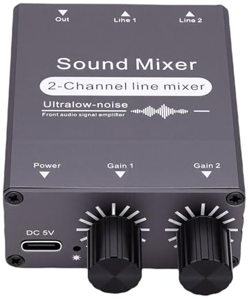 Vikye Mezclador de Audio para DJ, Mini Placa de Sonido de 2 Canales, 2 en 1, con Control de Volumen Dual, Conmutador de Mezcla de Sonido de 3,5 Mm para Karaoke, Podcasting,