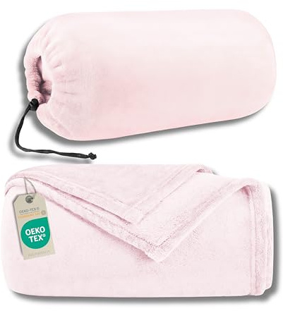 INSPINOVIA Reisedecke rosa 150 x 200 cm 2in1 mit Tasche | Decke fürs Auto | Campingdecke Ultraleicht | Outdoor Decke | Flugzeugdecke | Fleecedecke