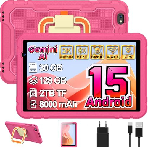 Tablet niños 10 Pulgadas Android 15 con Gemini AI 30 + 128GB (TF 2TB), Octa-Core, GPS, 5G WiFi, Widevine L1, 8000mAh, Control Parental, Protective Antichoque Eva + Soporte giratorio de 360° -Rosa