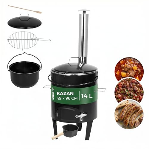 STREND PRO Gulaschkanone 14 Liter Komplett-Set | emaillierter Gulaschkessel Kazan Kasan Gulyas | Outdoor Gulaschkocher für Holzfeuer | Edelstahlkamin, Rost, Schöpfkelle & Kochlöffel inklusive
