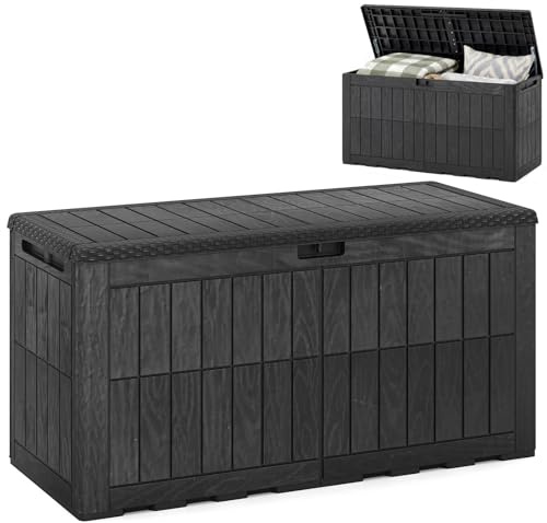 COSTWAY Garden Storage Box, Waterproof Resin Deck Box Bench with Lockable Lid & Handles, Grooved Texture Outdoor Patio Storage Container for Cushion Tool Toy (Black,380L)