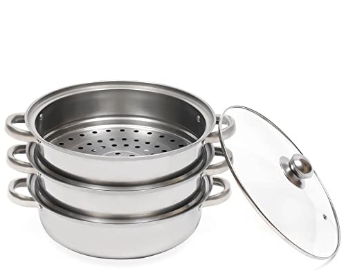 3 Tier Stainless Steel Steamer, 28cm Steamer Pot with Glass Lid, Induction Hob Pan Set, Dishwasher Safe Food Steam Cooker for Vegetables Seafood Dumplings, Gas Electric Ceramic Hobs, Silver