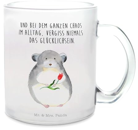 Mr. & Mrs. Panda Teetasse Chinchilla Blume - Geschenk, Tiermotive, Büroalltag, Teeglas, Tasse mit Henkel, Teetasse aus Glas, Glas Teetasse, lustige