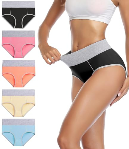 wirarpa Bragas Talle Alto Algodón para Mujer Culotte Braguita de Cintura Alta Cómodo 5 Pack, Multicolor Tamaño XL