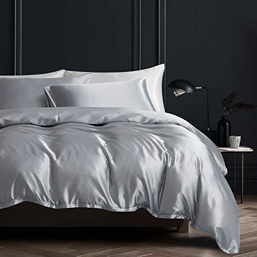 Boqingzhu Satin Bettwäsche 135x200cm Grau Uni Glatt Glänzend Glanzsatin Bettwäsche Set Bettbezug mit Reißverschluss und Kissenbezug 80x80cm