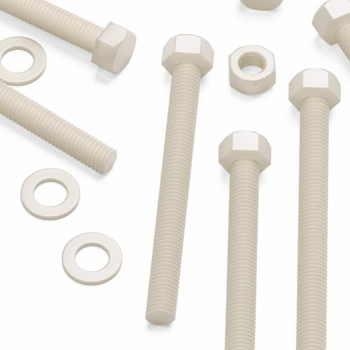 10x boulons hexagonaux naturels en nylon PA66 M10 x 100mm, écrous/rondelles | Vis à tête hexagonale robustes, résistantes à la corrosion, non conductrices et non magnétiques
