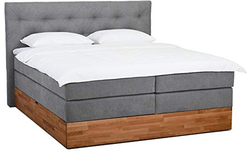 Belanoti MARBO Boxspringbett 160x200 mit Bettkasten 7-Zonen Taschenfederkern Matratze inklusive Visco Topper Bett 160x200 Eiche in der Farbe Hellgrau H2/H3 Polsterbett mit Massivholz Eiche