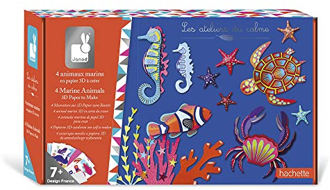 Janod - Kreativ-Set Meerestiere in 3D – 4 Papiertiere zum Selbermachen – Les Ateliers du Calme – Kreativ-Set für Kinder – Geschicklichkeit & Konzentration – Ab 7 Jahren, J07989
