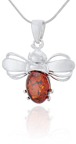 AMBEDORA Collier en Argent Pour Femmes Abeille avec Ambre, Argent Sterling Poli, Ambre Baltique de Couleur Cognac Pendentif en Argent avec Chaîne