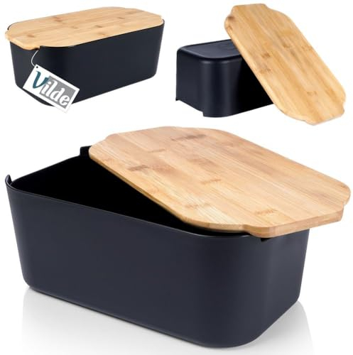 Vilde Cassetta Pane Contenitore con Tagliere in Legno, 33 x 18,5 x 12 cm, Colore Nero