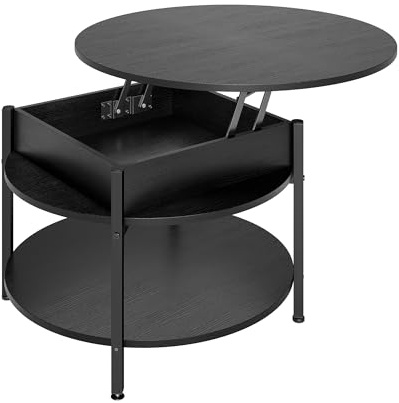 Couchtisch Rund mit Hebeplatte, Couchtisch Höhenverstellbarer, Beistelltisch, Wohnzimmertisch mit Verstecktem Stauraum, Offenem Fach, Metallrahmen, für Wohnzimmer, Büro, 70 x 70 x 50 cm, Schwarz