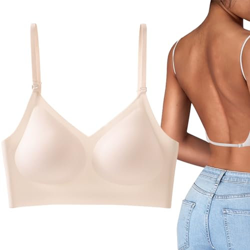 Runmeihe Low Back Bras for Backless Dress, Invisible Seamless Backless Bra with Multiway Convertible Strap, Wirefree Halter Bra for Women Ladies (UK, Alpha, XL, Regular, Regular, Skin)