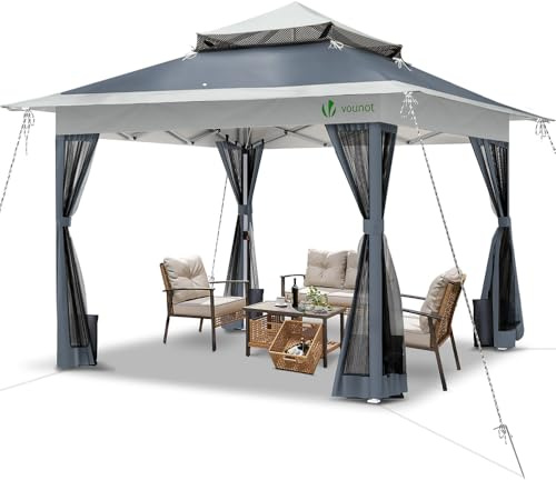 VOUNOT 3.6m x 3.6m Pop Up Gazebo with Central Lock System, Mesh Sides, Garden Double Roof Marquee Party Tent with Leg Weights & Roller Bag, Grey