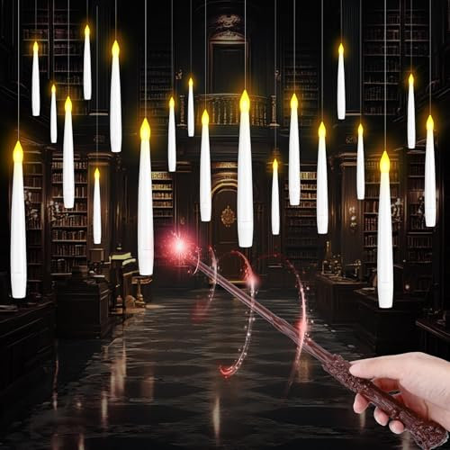 Schwebende Kerzen mit Zauberstab - 20 Stück 15cm Fliegende Kerzen mit Zauberstab und 6H Timerfunktion Flammenlose LED Kerzen Batteriebetriebene Floating Candles für Halloween Weihnachten Party Deko