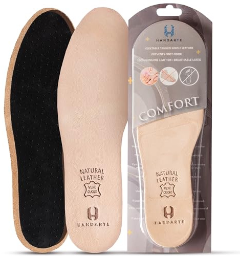 HANDARTE Leather Thin Insoles for Men | Dress Shoe Inserts | Anti Sweat & Odor Eater Soles - 100% Natural Goatskin & ChromeFree (Size UK 9 | EU44)