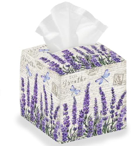 DELORIGIN Lavender Tissue Box Holder, Flower Square Tissue Box Cover Foldable Tissue Storage Boxs Waterproof Paper Towel Case Container Organizer Tissue Holder for Bedroom Bathroom Car Nightstand