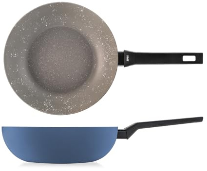 H&H, Wok Artic in Alluminio con Rivestimento Antiaderente Pfluon, 28 cm, Colore Blu Ottanio - Rivestimento a Nido d'Ape per Cottura Uniforme, Fondo adatto a tutti i Piani Cottura
