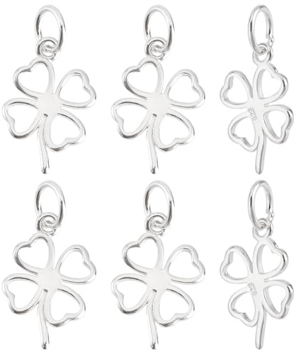 PH PandaHall 6 dijes de trébol de cuatro hojas de plata de ley 925, dijes de buena suerte, colgantes de trébol para aretes, collares, tobilleras, pulseras, llaveros, día de San Patricio, Plata de ley