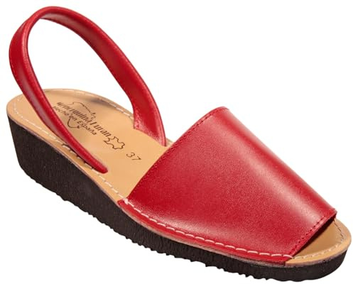 HECHO EN ESPAÑA Sandalias Ibicencas, Menorquinas de Piel con Cuña, 4 cm de Altura, Ibicencas de Verano, Cuero, Suela Ligera (ROJO CUÑA, Sistema tallas calzado EU, Adulto, Números, mediano, 39)