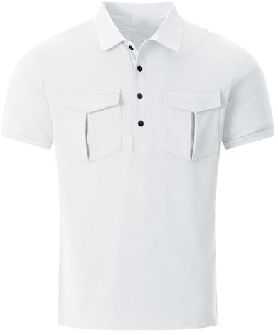 Polo Shirt Men Shortsleeves Double Pockets Shirts 4 Button Turndown Workwear Soild Color Breathable Tshirts Regular Fit Business Blouses Lightweight Comfort Shiteshirts for Daily S-3Xl White