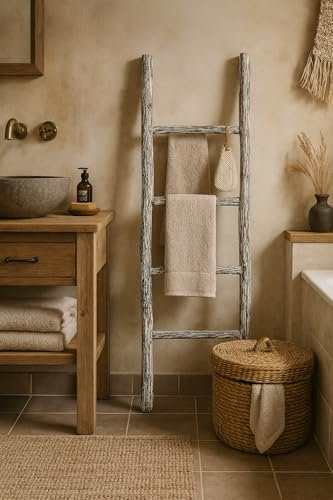 Biscottini Scaletta porta asciugamani bagno 128x32x3 - Scala Decorativa in Legno - Scaletta legno appendi asciugamani - Scala portasciugamani - Scaletta portasciugamani da parete Metallo, Bambu