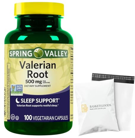 Spring Valley Valerian Root 500 mg, Vegetarian Capsules, 100 Count, Natural Relaxation & Calmness - Set by Basket Goods