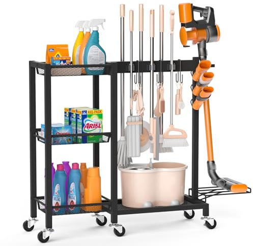 Broom Holder with Cleaning Supplies Organizer Load 350 LBS Cleaning Cart with Wheels Broom Closet Storage with 3-Tier Shelves, 6 Mop Hanger Grippers, 3 Double-Hooks, Vacuum Stand for Laundry Garage