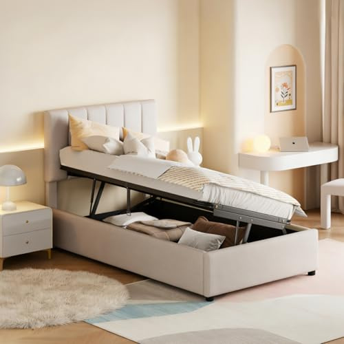 AZJSAHAH Cama tapizada de 90 x 200 cm, cama de almacenamiento hidráulico, cama individual con somier de láminas y espacio de almacenamiento, cabecero de cama juvenil, cama de almacenamiento para niños