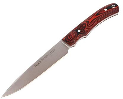 Muela Cuchillo CRIOLLO-14 hoja de acero ACX-380 de 14 cm y empuñadura de madera de coral para Caza, Pesca, Supervivencia y Bushcraft Realizado en Ciudad Real + Portabotellas de regalo